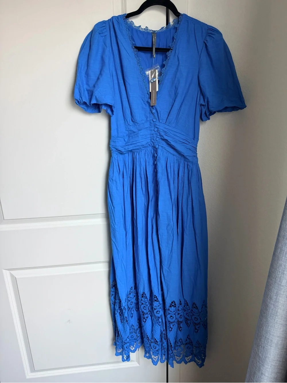 Anthropologie turquoise Blue Midi Dress with Lace Hem and V-Neck